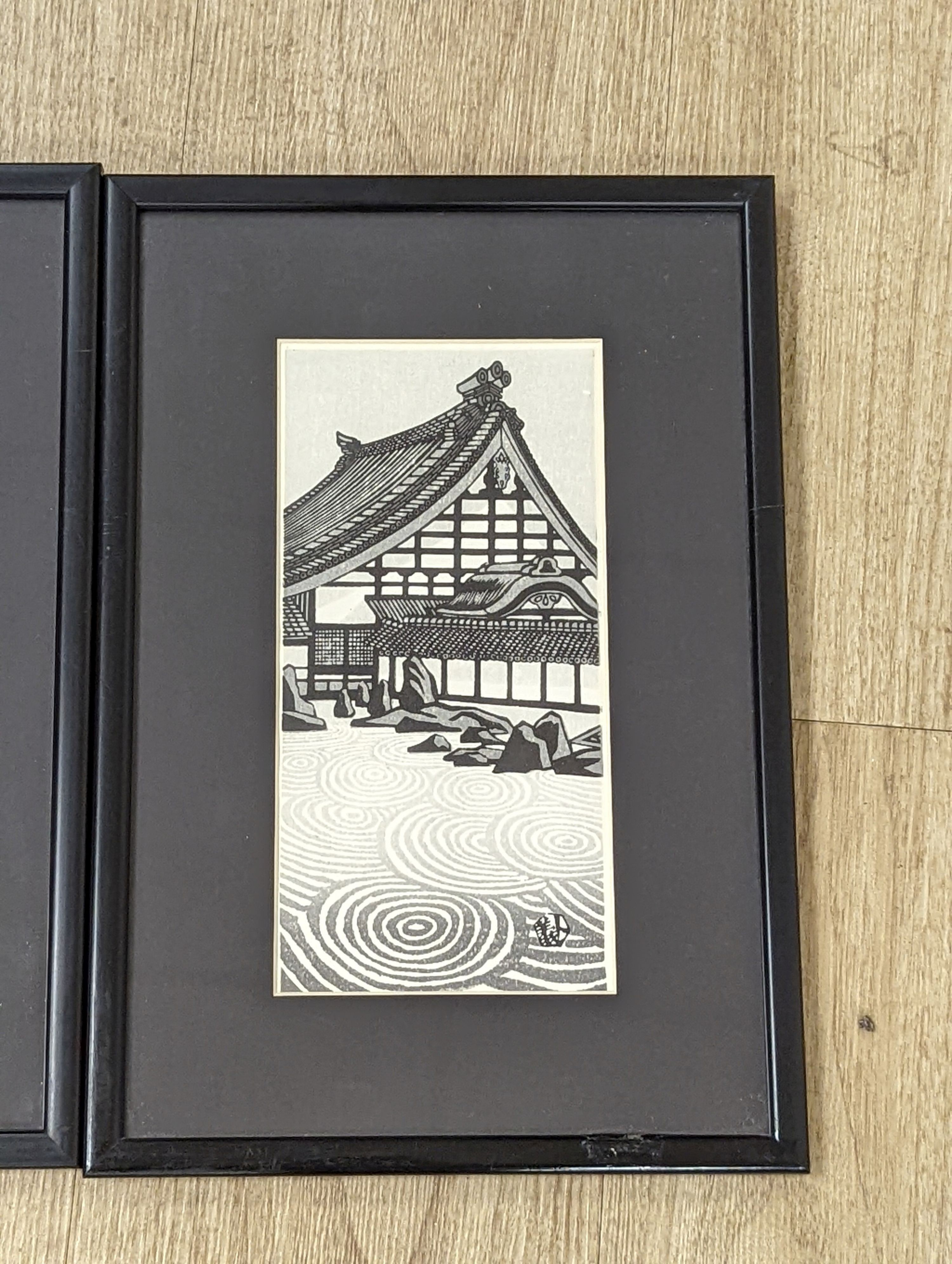 Gijin Okuyama (1934-), two woodblock prints, 23.5 x 11.5cm.